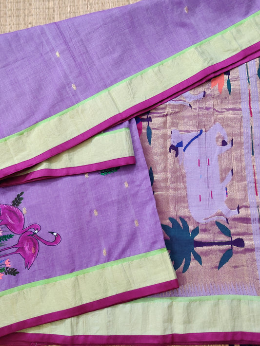 Lavender Colour Cotton Paithani Saree With Hand Painting & Zari Butta All Over Code : PA004