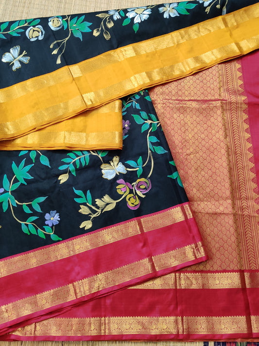 Black Colour Kanchivaram Silk Saree With Hand Painting All Over Code : KA0250
