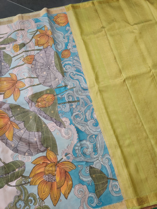 Cream Colour Pure Silk Pure Zari Kanchivaram Saree With Small Zari Butta & Hand Painting All Over Code : KA0251