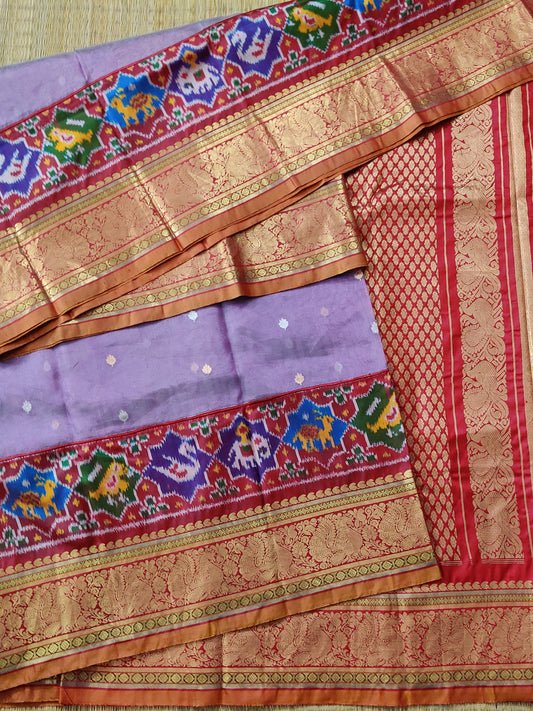 Lavender Colour Ikkat & Tissue Organza Fusion Saree With Gold & Silver Small Zari Butta All Over Code : KA0268