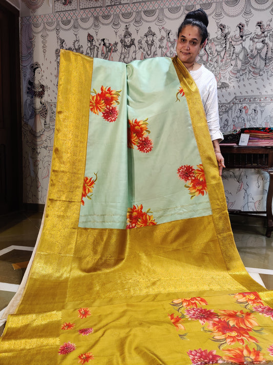 Pista Green Colour Kanchivaram Silk Saree With Digital Print All Over : KA0282