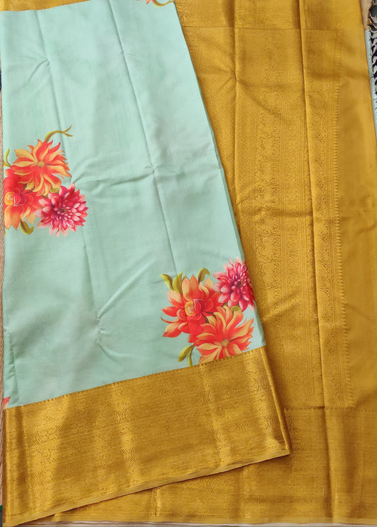 Pista Green Colour Kanchivaram Silk Saree With Digital Print All Over : KA0282