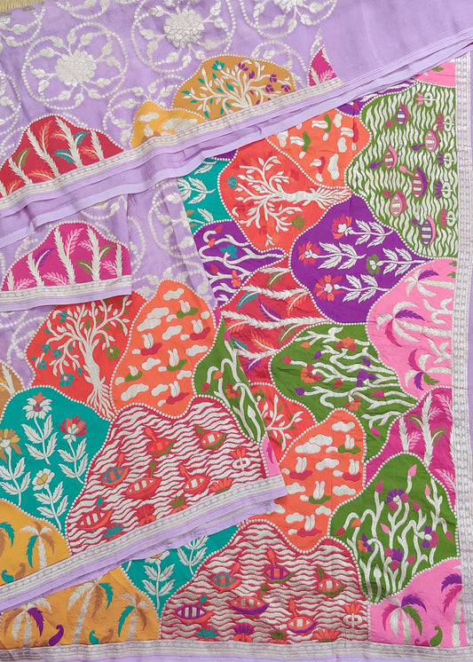 Lavender Colour Georgette Banarasi Saree With Floral Zari Motif All Over Code : VB0310