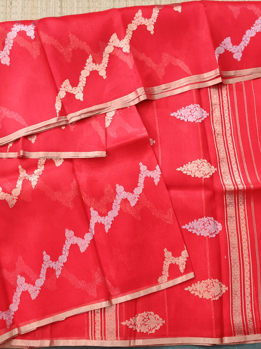 Red Colour Organza Silk Saree With Silver & Gold Zari Motif All Over Code : VB0307