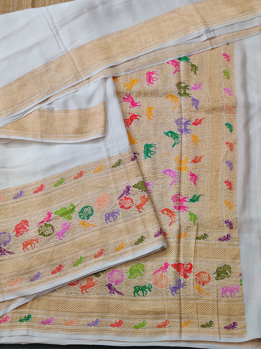 White Coloue Banarasi Georgette Saree With Plain Body Code : VB0308