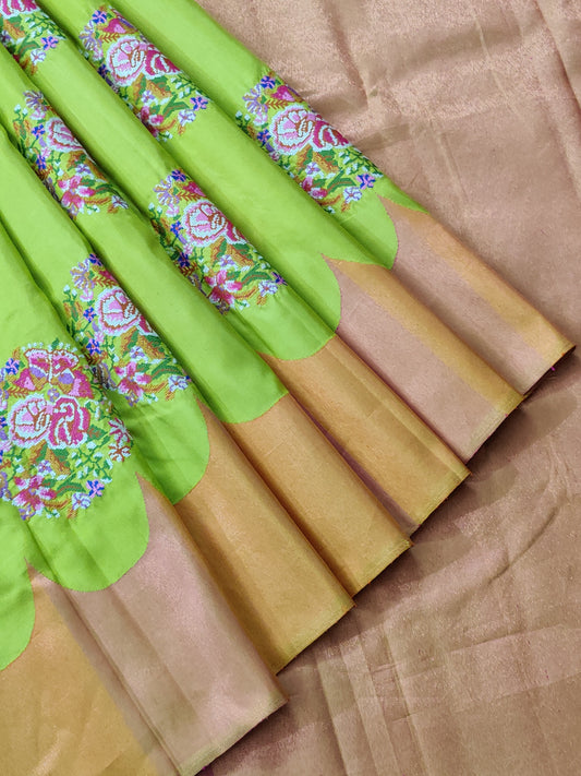 Parrot Green Colour Kanchivaram Silk Saree With Petit Point Embroidery All Over Code : KA0334