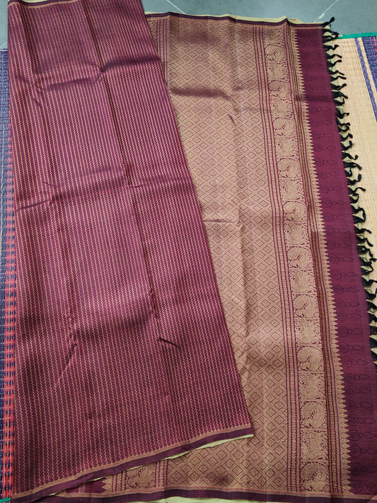 Pastel green and maroon kanchivaram silk saree with hand paint kalamkari