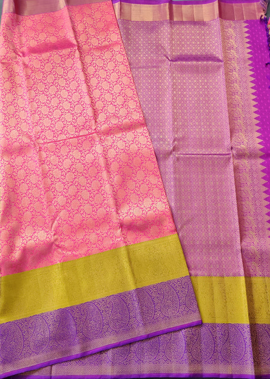 Pink Colour Kanchivaram Silk Saree With Zari Brocade All Over Code : KA0297