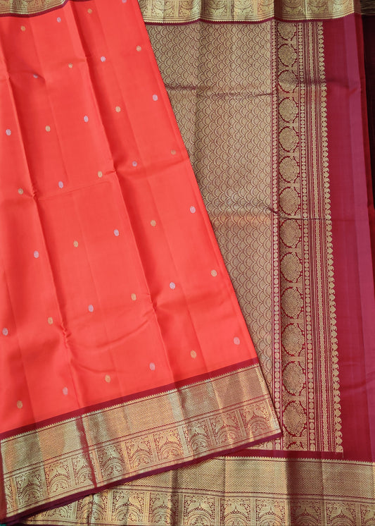 Orange Colour Kanchivaram Silk Saree With Gold & Silver Zari Butta All Over : KA0293