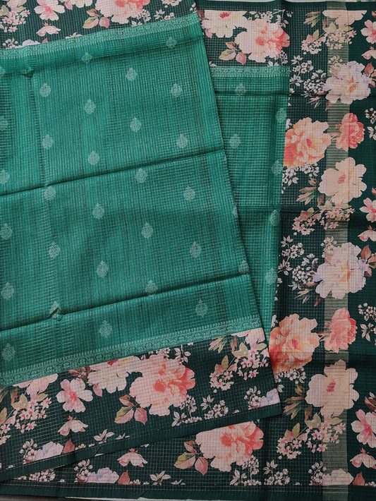 Green Colour Semi Banarasi Saree With Zari Motif All Over Code : VB0312