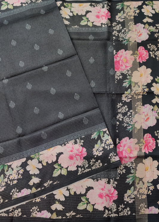 Black Colour Semi Banarasi Saree With Zari Motif All Over Code : VB0316