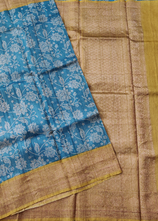 Greyish Blue Colour tussar Silk Saree With Digital Floral Print All Over Code : VB0348