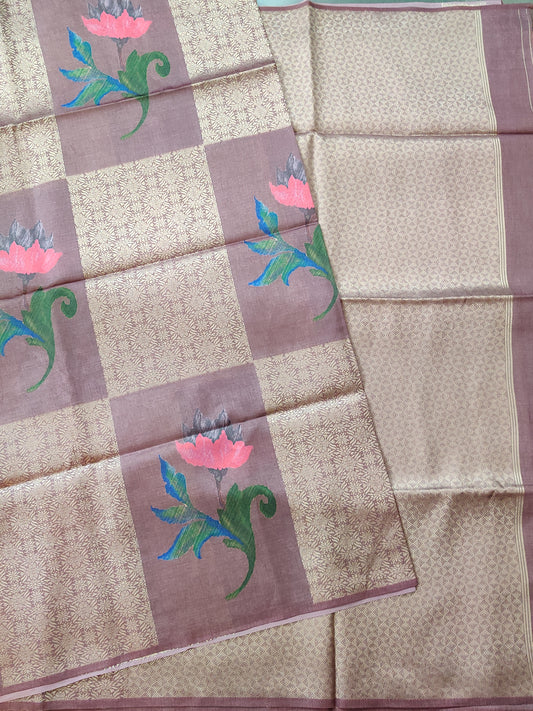 Brown Colour Semi Banarasi Saree With Zari & Digital Print All Over Code : VB0322