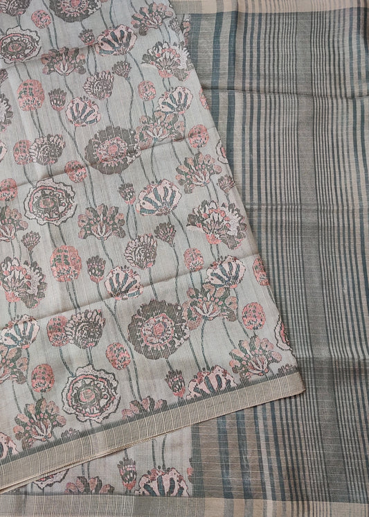 Grey Colour Semi Banarasi Saree With Digital Body Code : VB0341