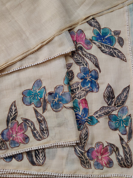 Cream and Blue Colour Linen Saree With Applique Work All Over Code : VB0330