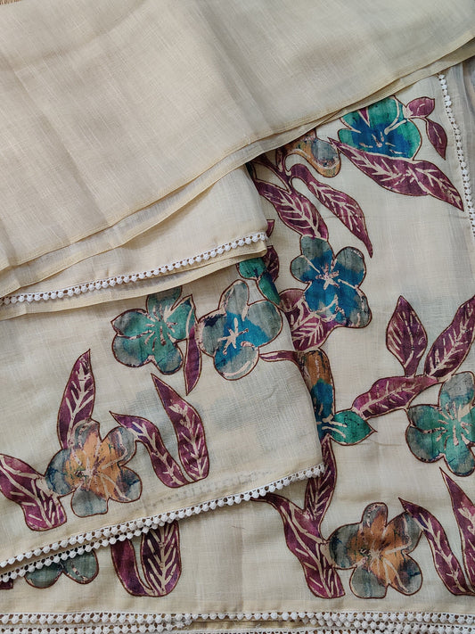 Cream And Green Linen Saree With Applique Work All Over Code : VB0334