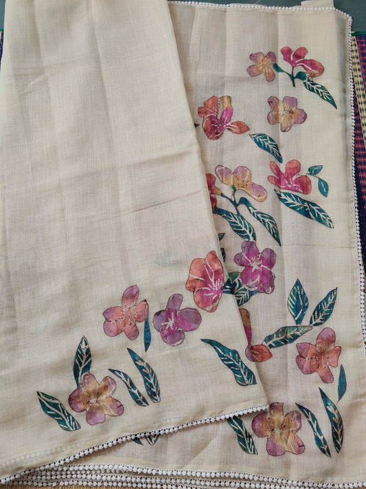 Cream And Brick Colour Linen Saree With Applique Work All Over Code : VB0333