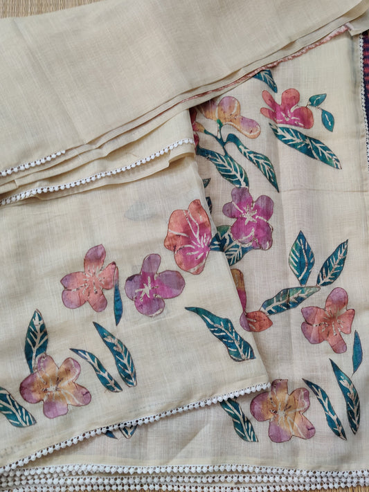 Cream And Brick Colour Linen Saree With Applique Work All Over Code : VB0333