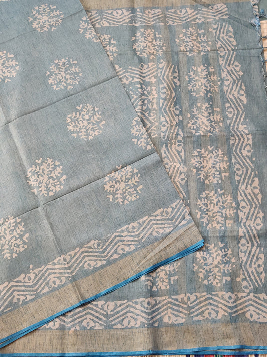 Grey Colour Semi Banarasi Saree With Batik Print All Over Code : VB0346
