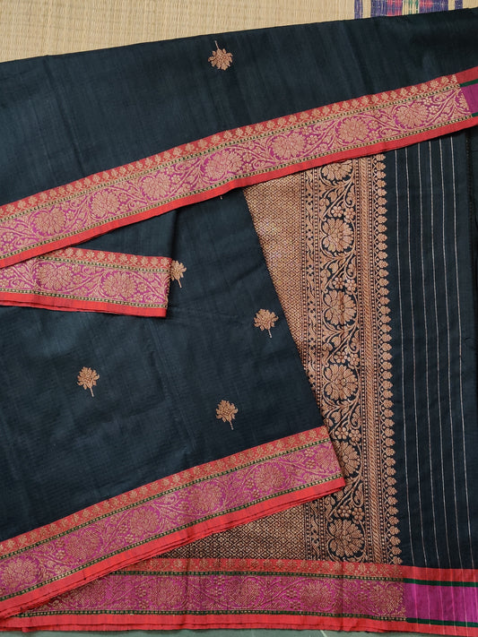 Black Colour Pure Raw Silk Saree With Antique Zari Butta All Over Code : VB0353