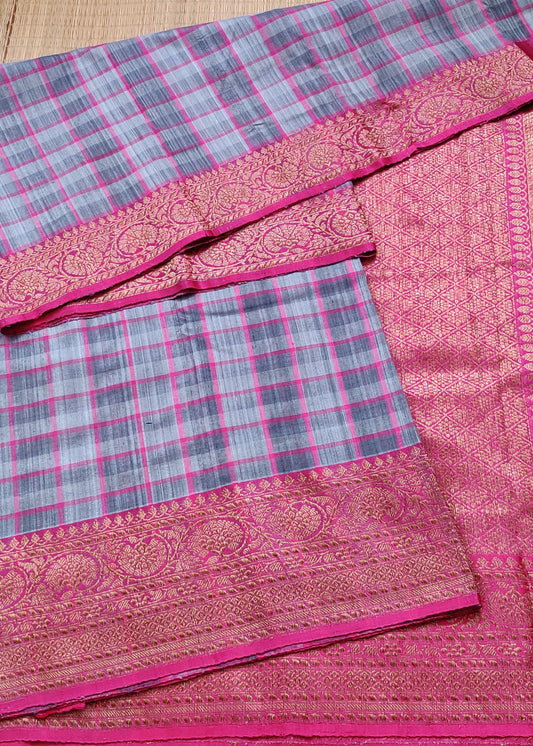 Grey Colour Pure Raw Silk Saree With Checks All Over Code : VB0352