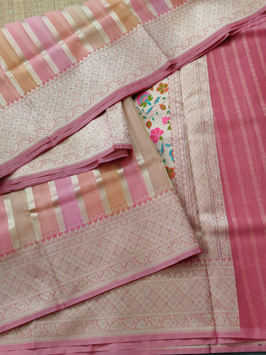 Tri Colour Organza Saree With Zari Stripes All Over Code : VB0354