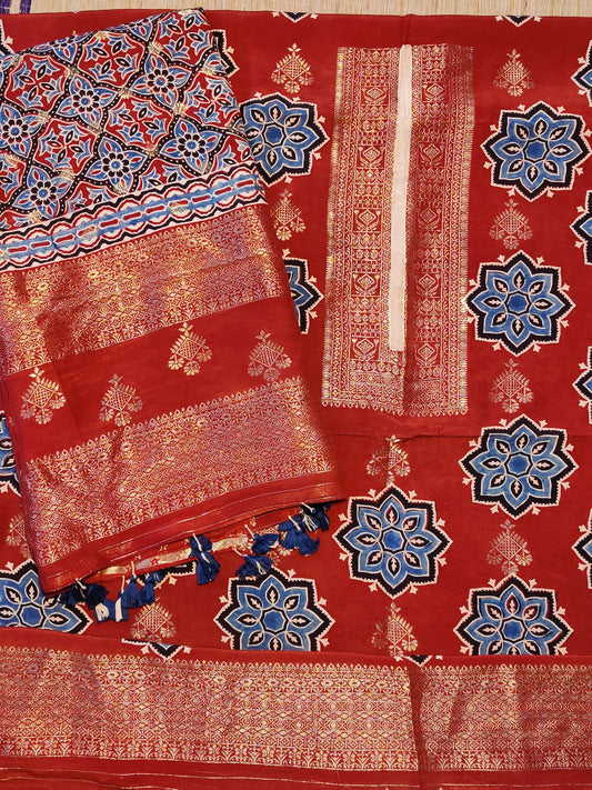 Maroon Colour Dola Unstitched Salwar Set With Ajrakh Print Code : VB0357