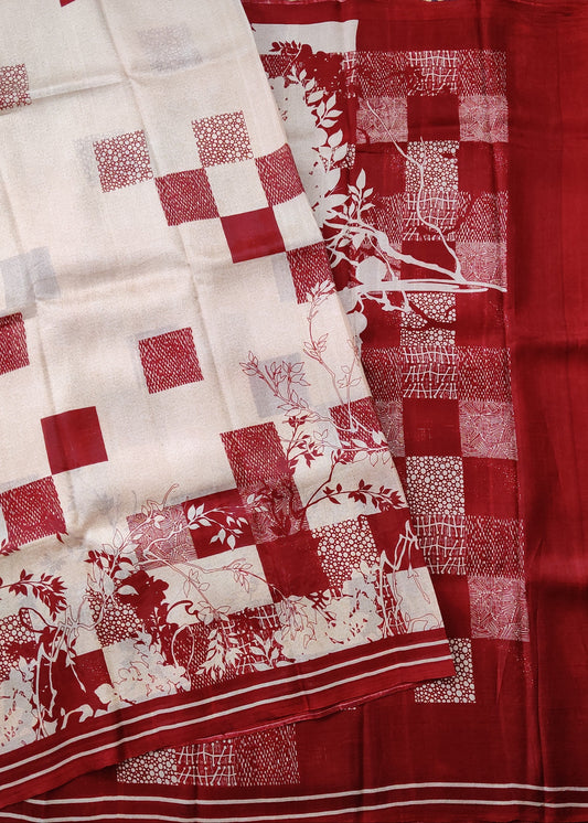 Cream & Maroon Colour Murshidadad Silk Saree With Screen Print All Over Code : VB0363