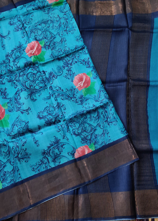 Blue Colour Tussar Silk Saree With Screen Print All Over Code : VB0369
