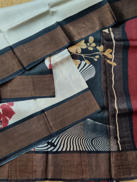 Cream Colour Tussar Silk Saree With Screen Print All Over Code : VB0370