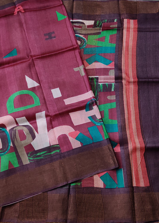 Magenta Colour Tussar Silk Saree With Screen Print All Over Code : VB0368