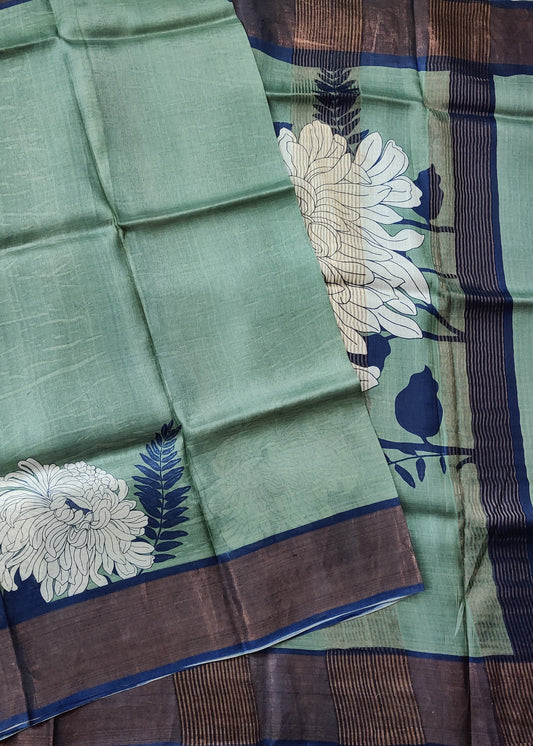 Pastel Green Colour Tussar Silk Saree With Screen Print Body Code : VB0375