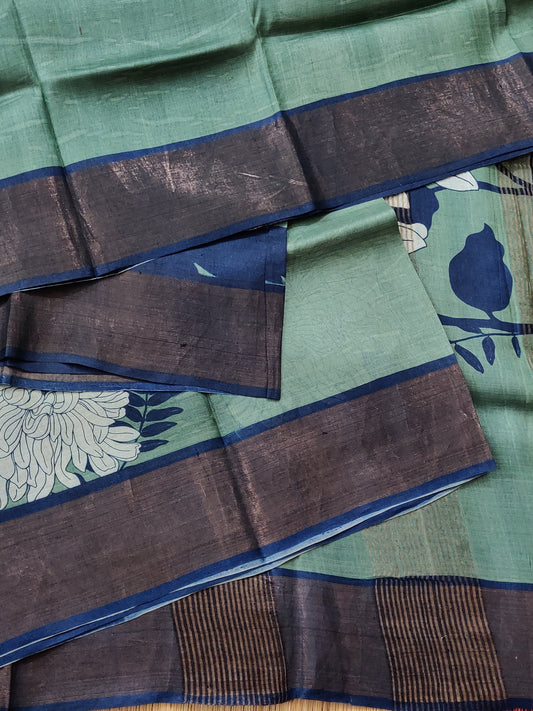 Pastel Green Colour Tussar Silk Saree With Screen Print Body Code : VB0375