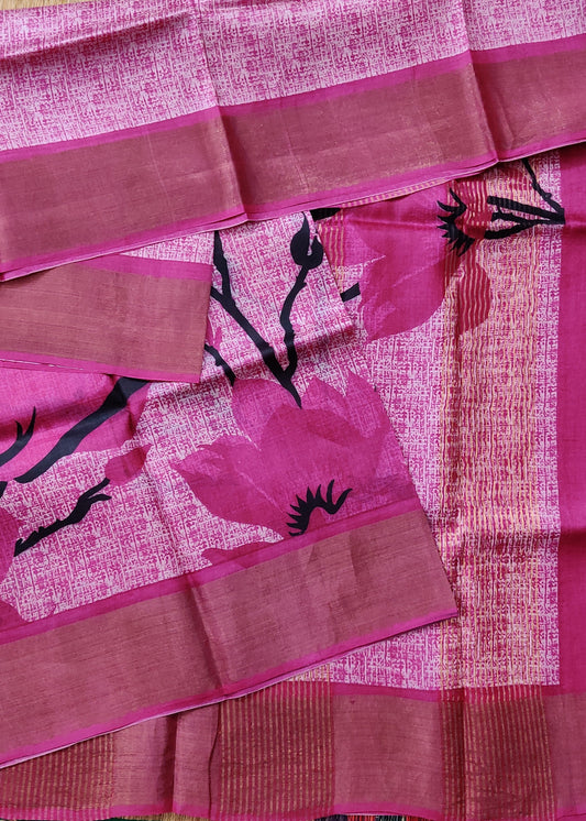 Pink Colour Tussar Silk Saree With Screen Print All Over Code : VB0372