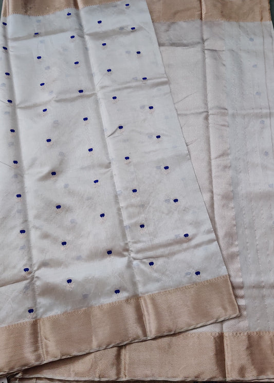Silver Colour Chanderi Silk Saree With Silver & Blue Floral Zari Butta All Over Code : CH005