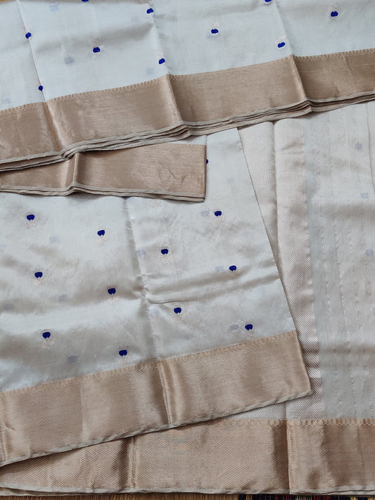 Silver Colour Chanderi Silk Saree With Silver & Blue Floral Zari Butta All Over Code : CH005