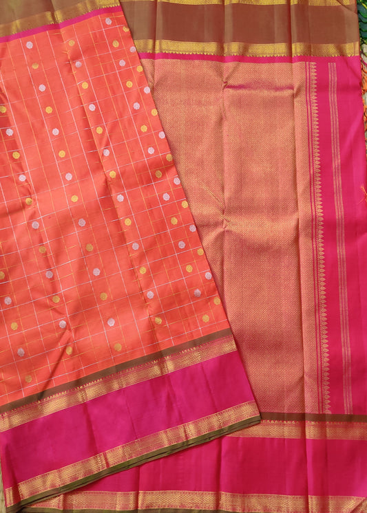 Orange Colour Kanchivaram Silk Saree With Gold & Silver Zari Butta All Over Code : KA0327