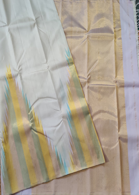 Off White Colour Kanchivaram Silk Saree With Temple Zari Border Code : KA0323