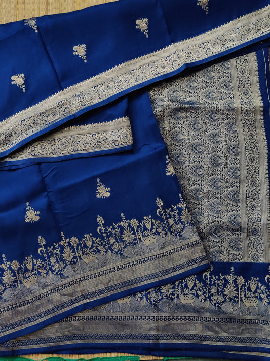 Navy Blue Colour Semi Mashru Saree With Floral Zari Butta All Over Code : VB0380