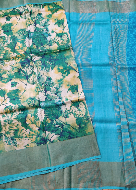 Cream & Green Colour Tussar Silk Saree With Screen Print All Over Code : VB0390