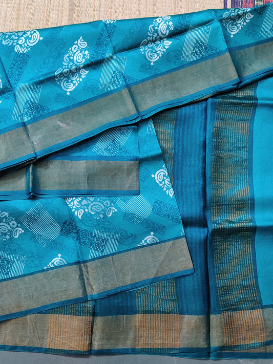 Rama Green Colour Tussar Silk Saree With Screen Print All Over Code : VB0398