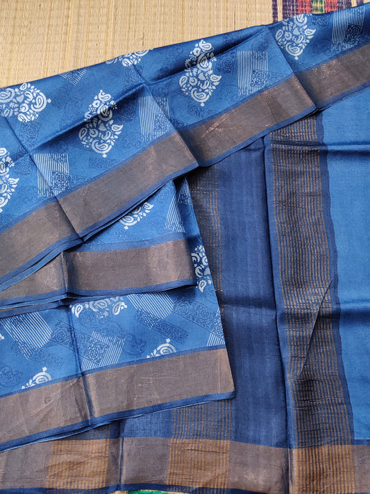 Blue Colour Tussar Silk Saree With Screen Print All Over Code : VB0394