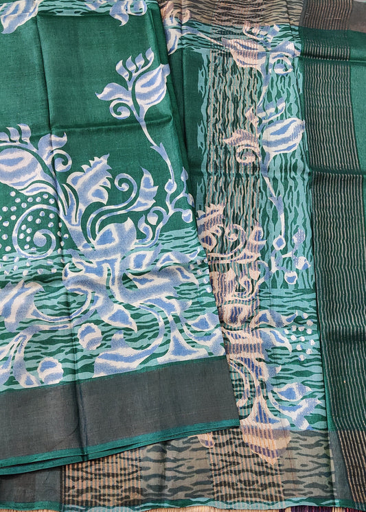 Green Colour Tussar Silk Saree With Screen Print All Over Code : VB0391