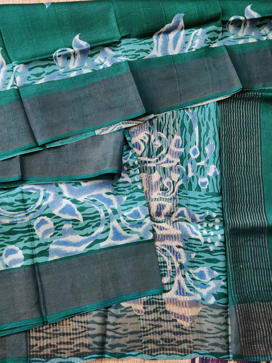 Green Colour Tussar Silk Saree With Screen Print All Over Code : VB0391