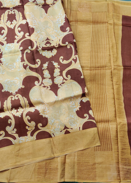 Yellow & Brown Colour Tussar Silk Saree With Screen Print All Over Code : VB0395