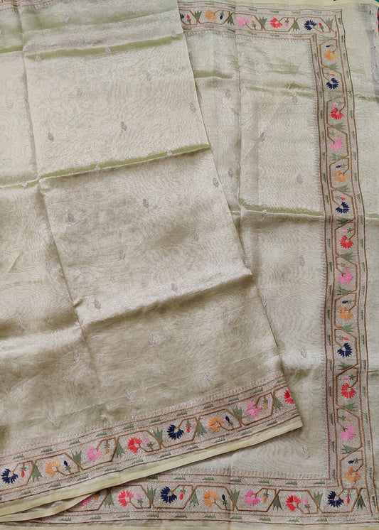 Light Pastel Green Colour Tissue Organza Silk Saree With Plain Body Code : VB0405