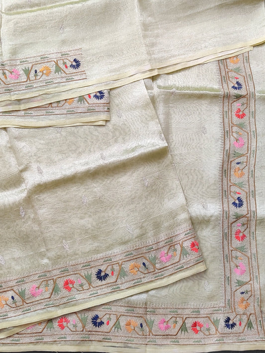 Light Pastel Green Colour Tissue Organza Silk Saree With Plain Body Code : VB0405