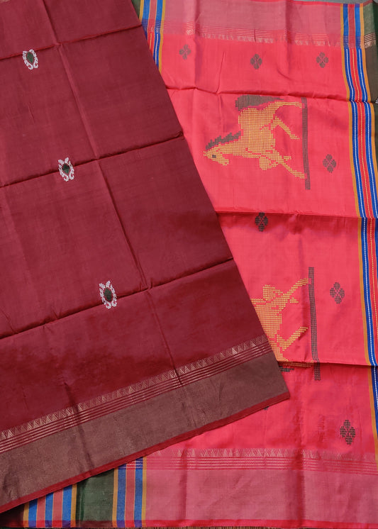 Maroon Colour Bishnupuri Silk Saree With Kantha Work All Over Code : VB0403