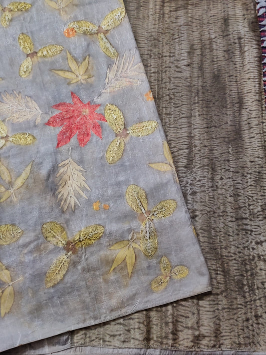 Dark Grey Colour Pure Silk Saree With Natural Eco Print All Over Code : KA0339