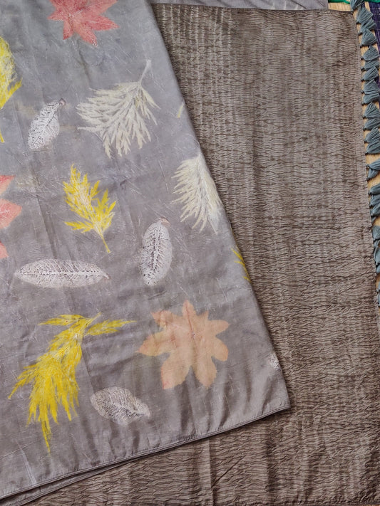 Grey Colour Pure Silk Saree With Natural Eco Print All Over Code : KA0341